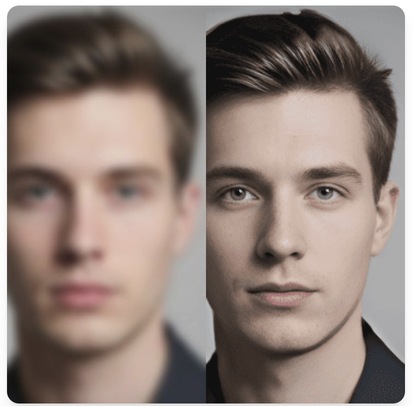 Face restore demo - AI-powered face restoration showing before and after comparison, enhance blurry portraits and old photos